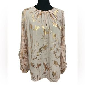 Pink and Gold Foil Long sleeve Ruffle Top SZ Large